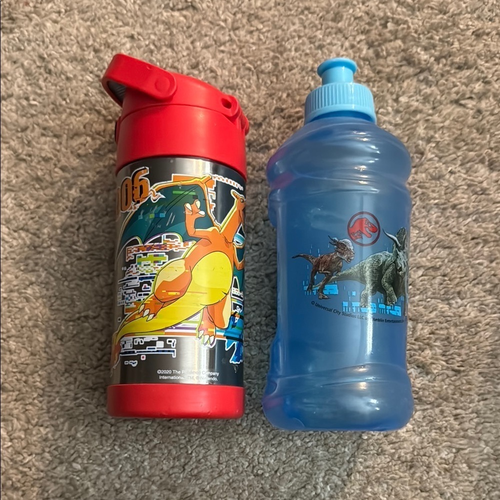 Red Pokémon and Blue dinosaur Water Bottles